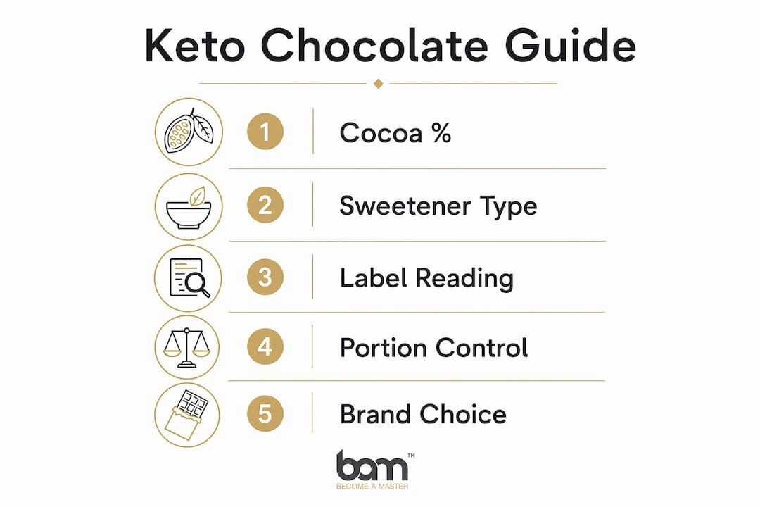 Infografika koja prikazuje korake odabira keto čokolade