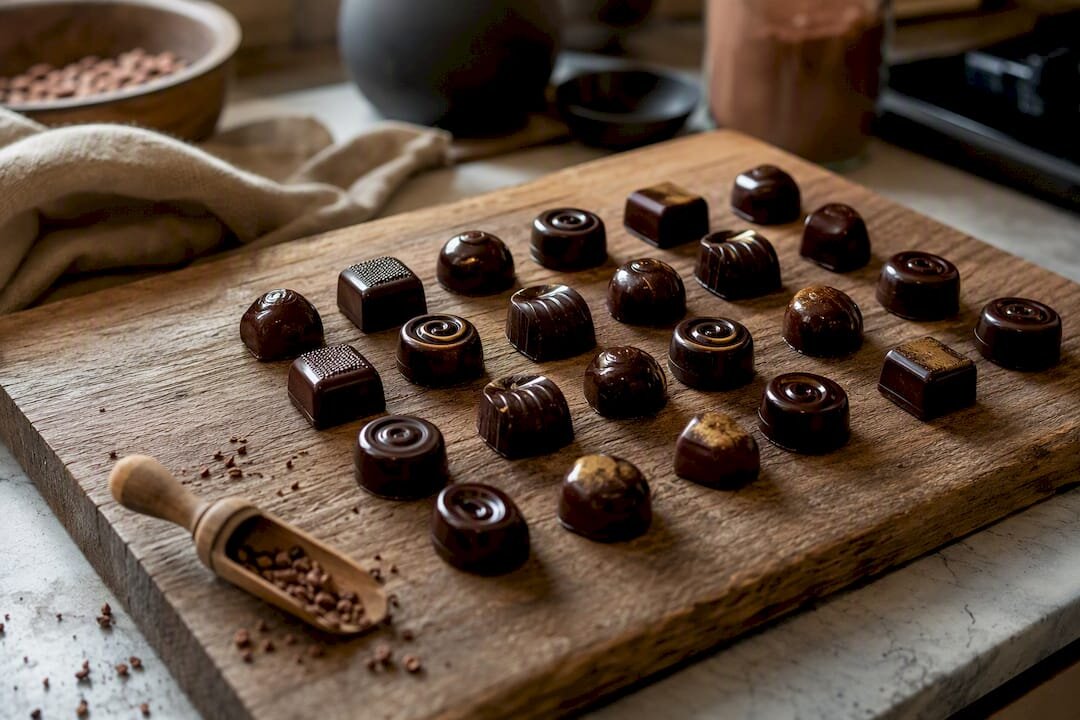 Sjajne kaljene praline na drvenoj ploči