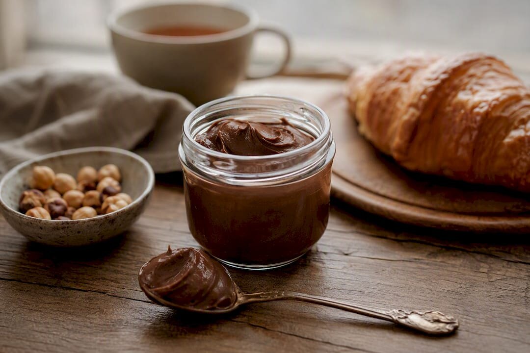 Staklenka gianduje od lješnjaka sa žličicom i kroasanom