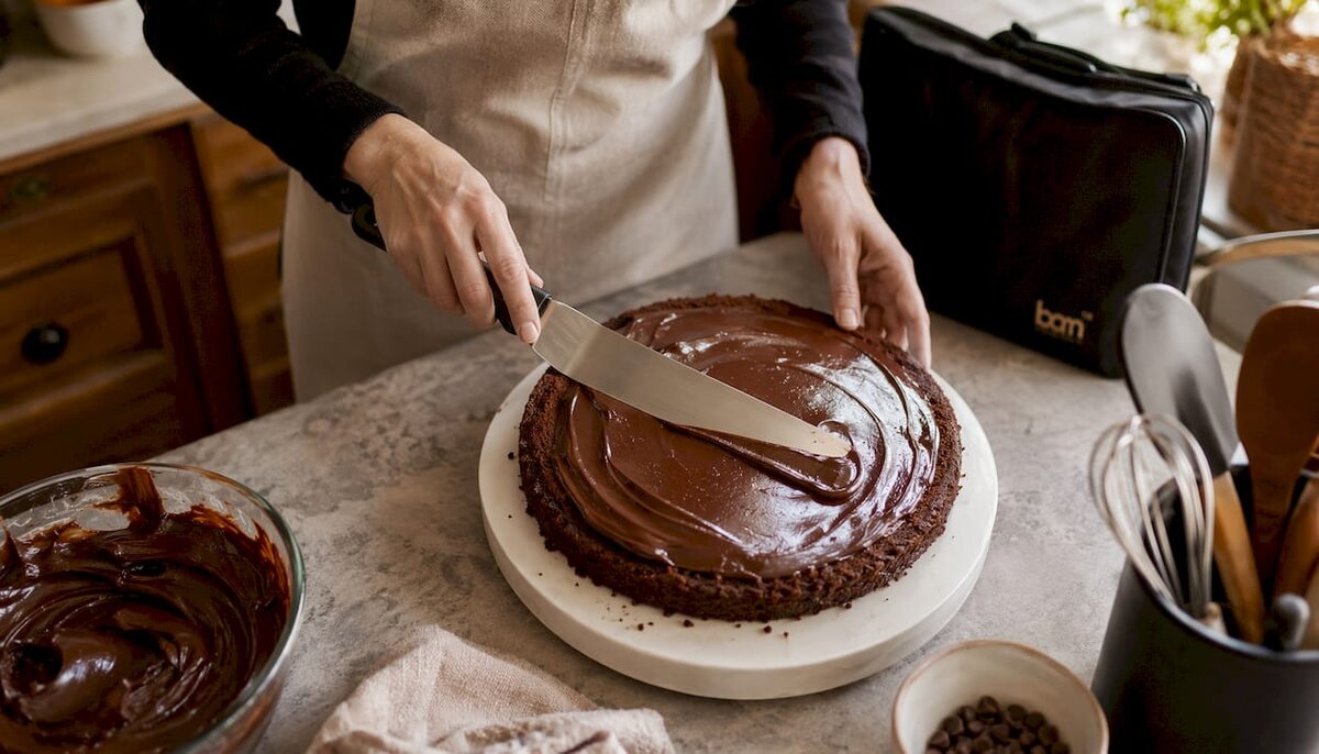 Krupni plan: ruke mažu ganache na sloj torte
