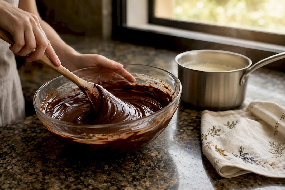 Sjajni ganache od čokolade u zdjeli